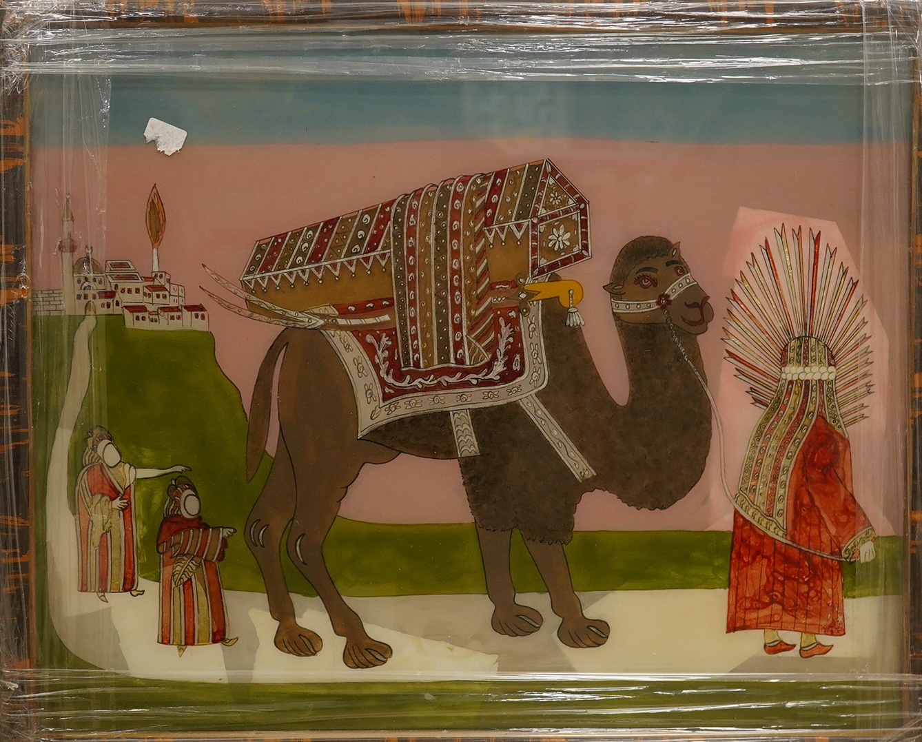 A reverse glass painted panel, Procession of figures and camel before a palace, 39 x 49cm. Condition - good